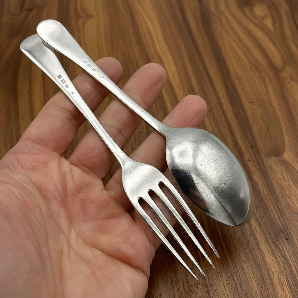 A matching silver spoon and fork sitting on a hand showing the back view with wood table behind