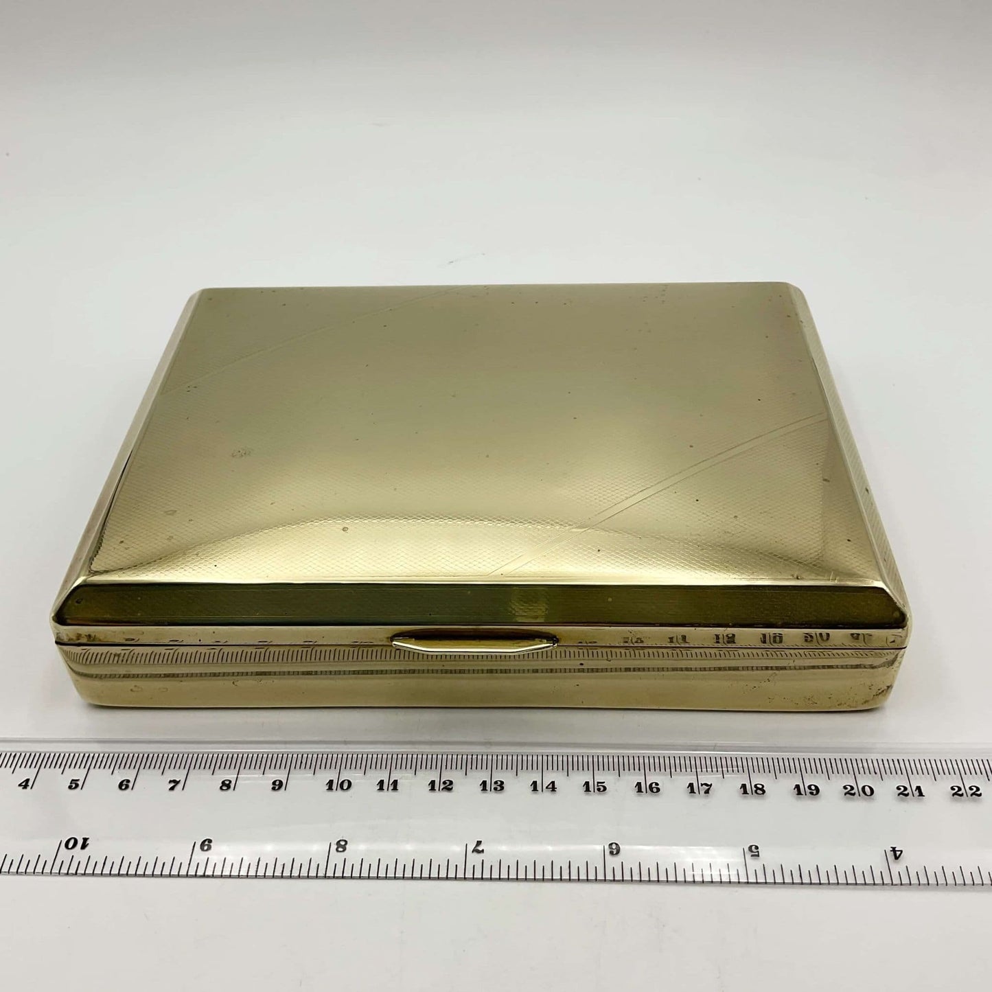 Brass State Express Box next to ruler showing width as 16.5cm