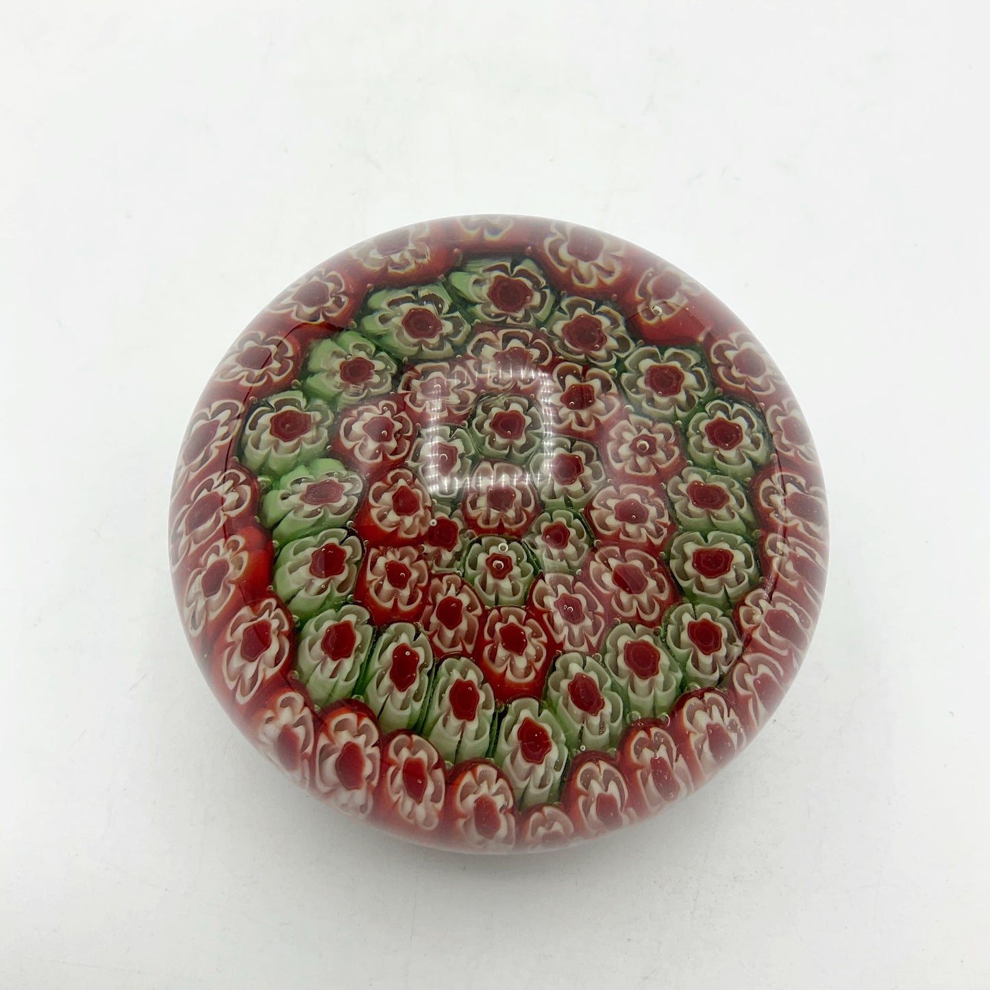 Round Millefiori Red and Green Glass Paperweight
