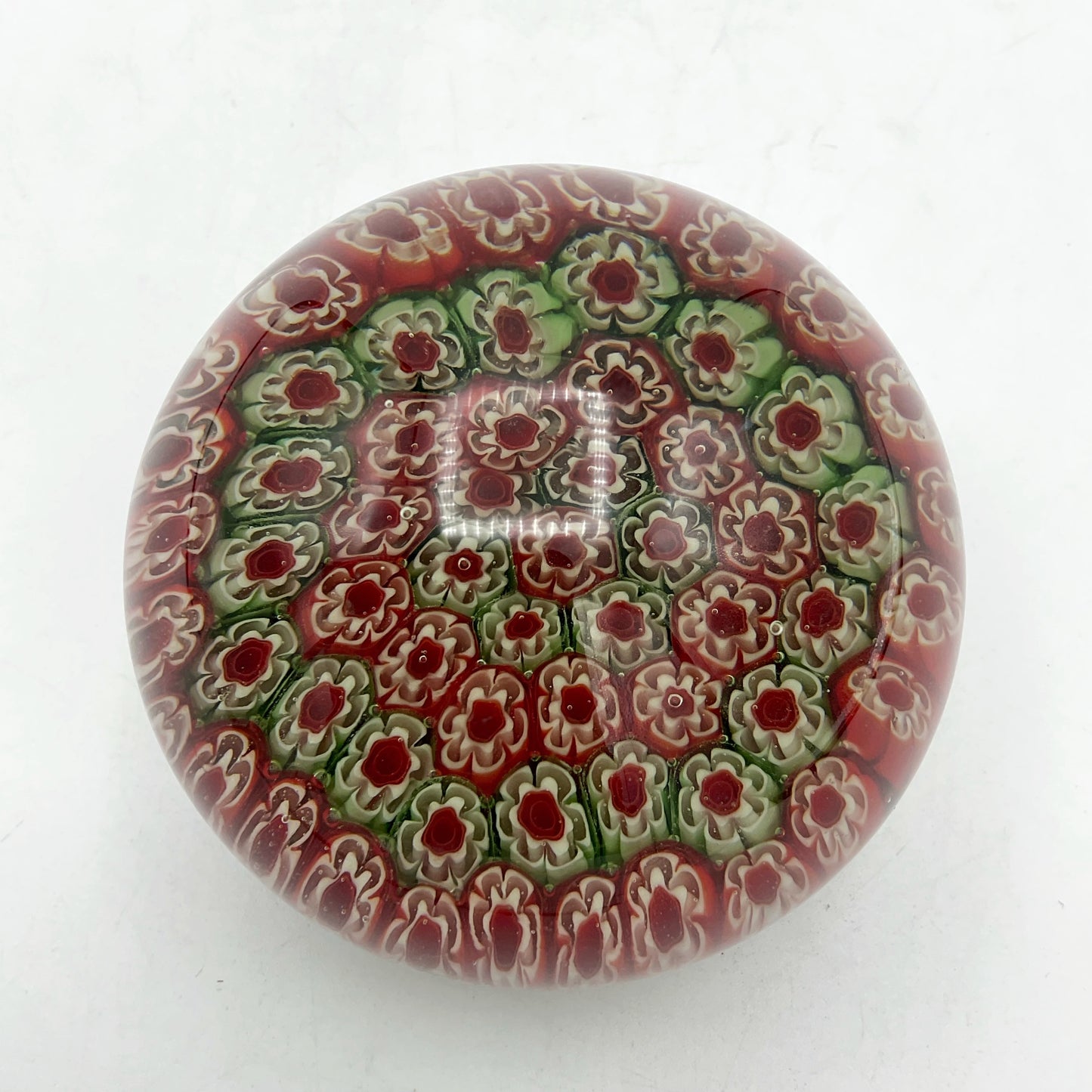 Round Millefiori Red and Green Glass Paperweight