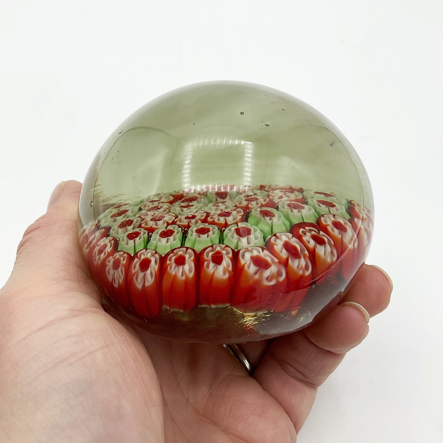 Round Millefiori Red and Green Glass Paperweight