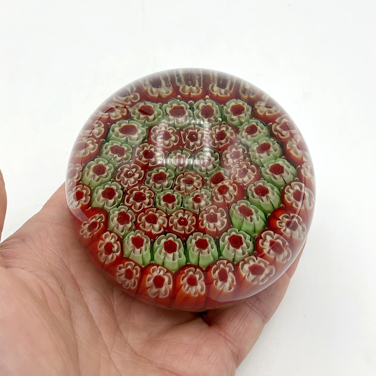 Round Millefiori Red and Green Glass Paperweight
