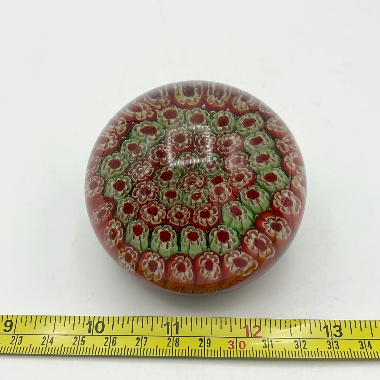 Round Millefiori Red and Green Glass Paperweight