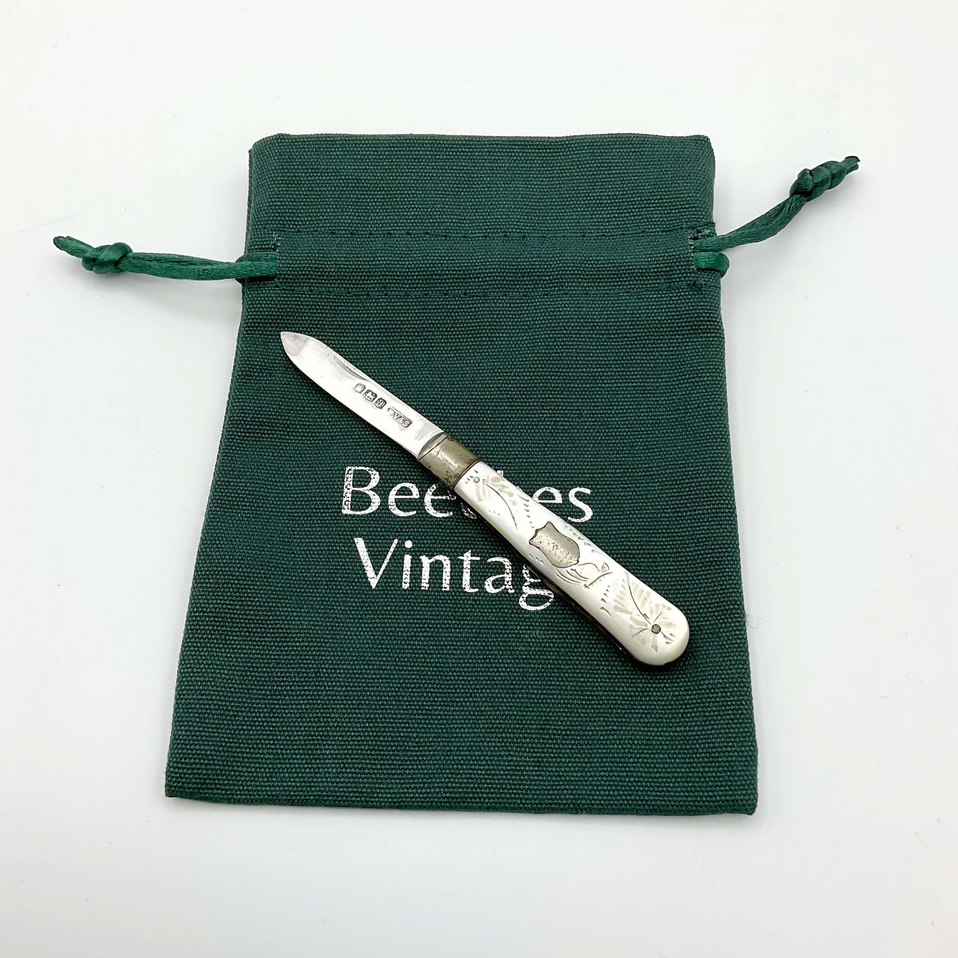 Silver fruit knife with a engraved mother of pearl handle On a green gift bag on a white background