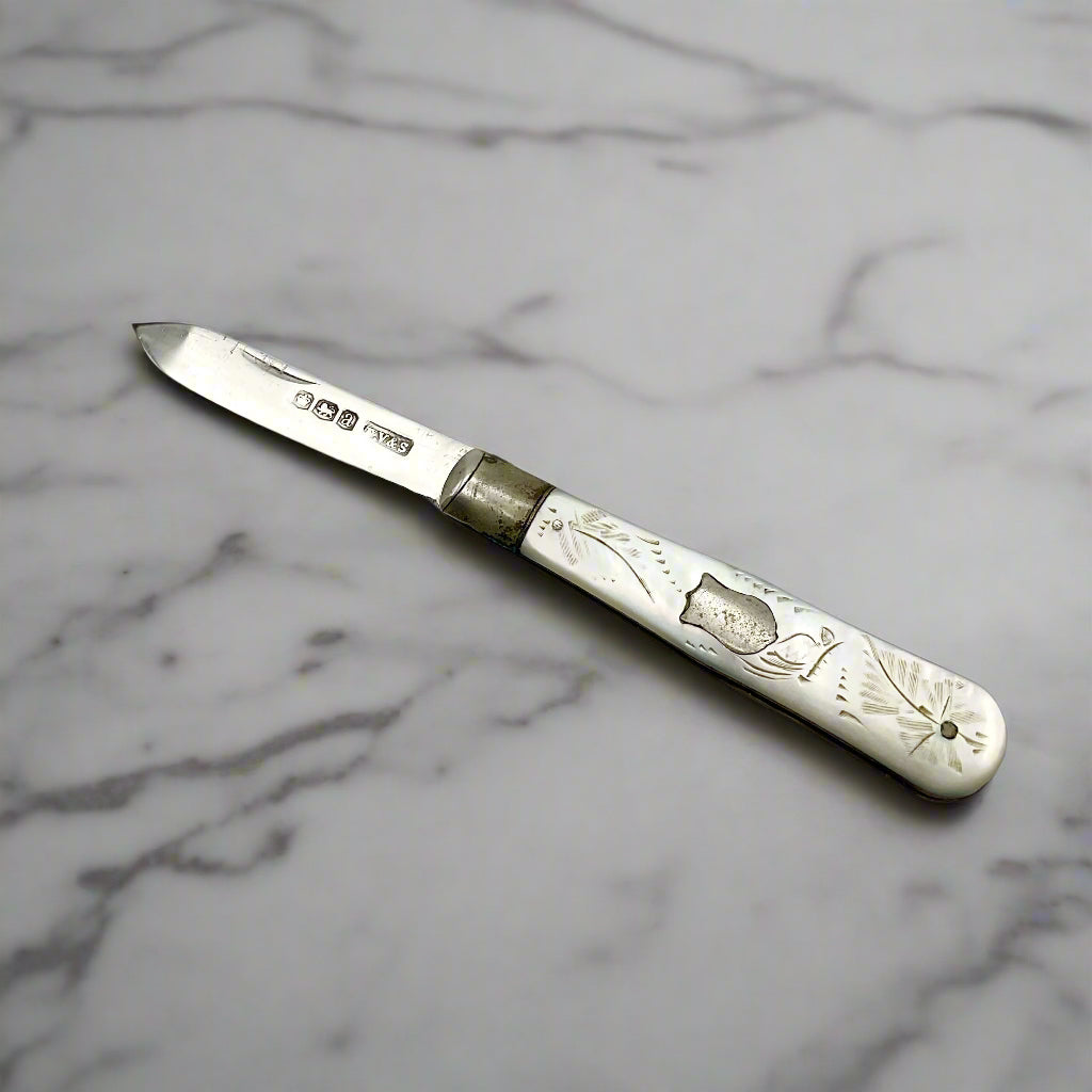 Silver fruit knife with a engraved mother of pearl handle on a white marble worktop