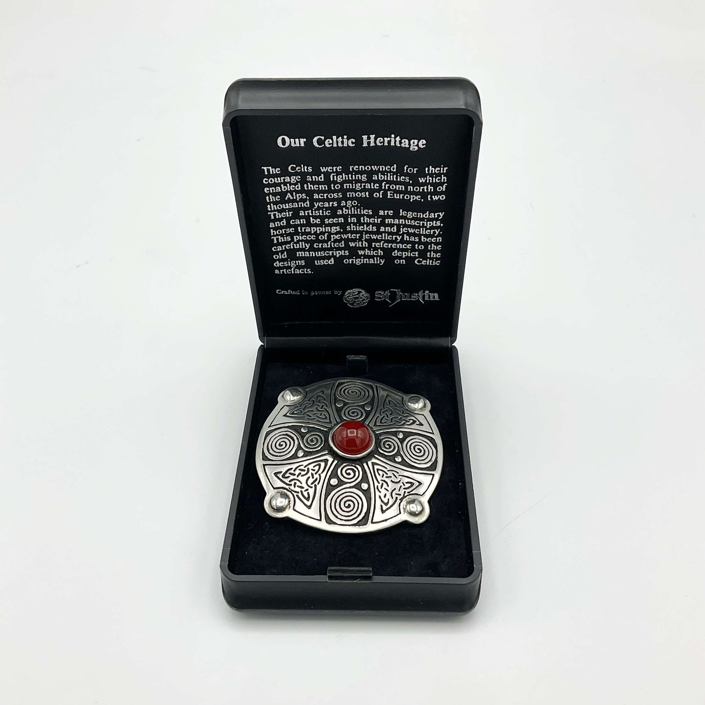 St Justin Carnelian and Pewter Celtic Shield Brooch