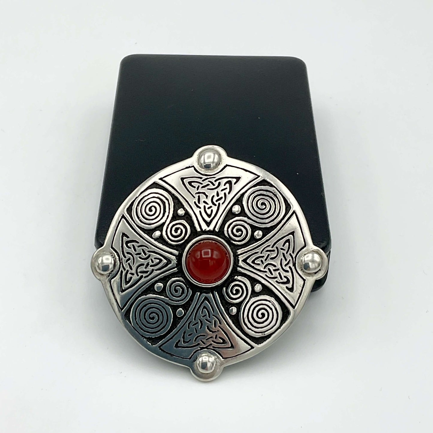 St Justin Carnelian and Pewter Celtic Shield Brooch