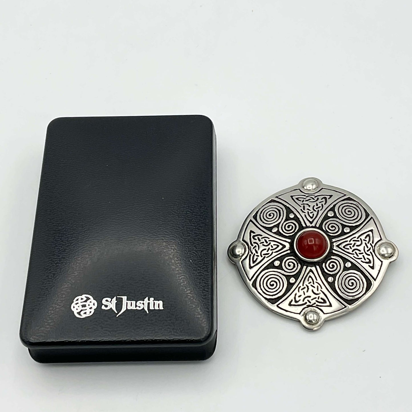 St Justin Carnelian and Pewter Celtic Shield Brooch