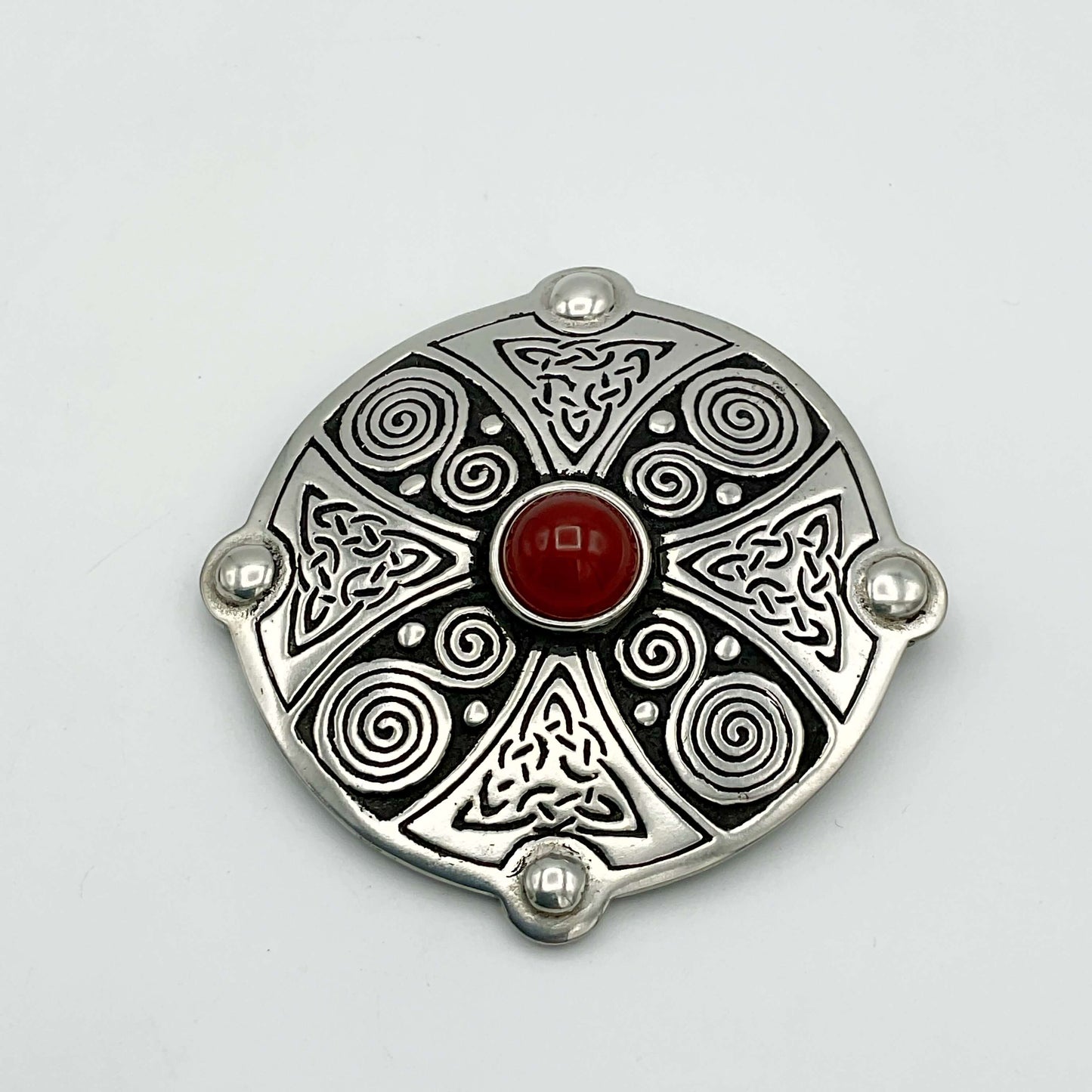 St Justin Carnelian and Pewter Celtic Shield Brooch