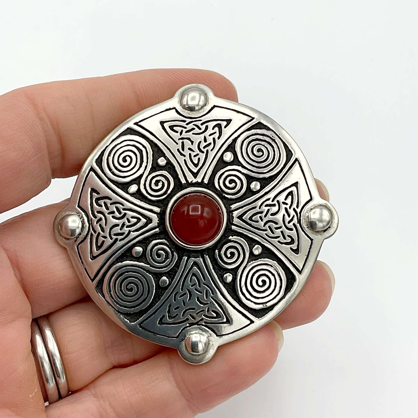 St Justin Carnelian and Pewter Celtic Shield Brooch