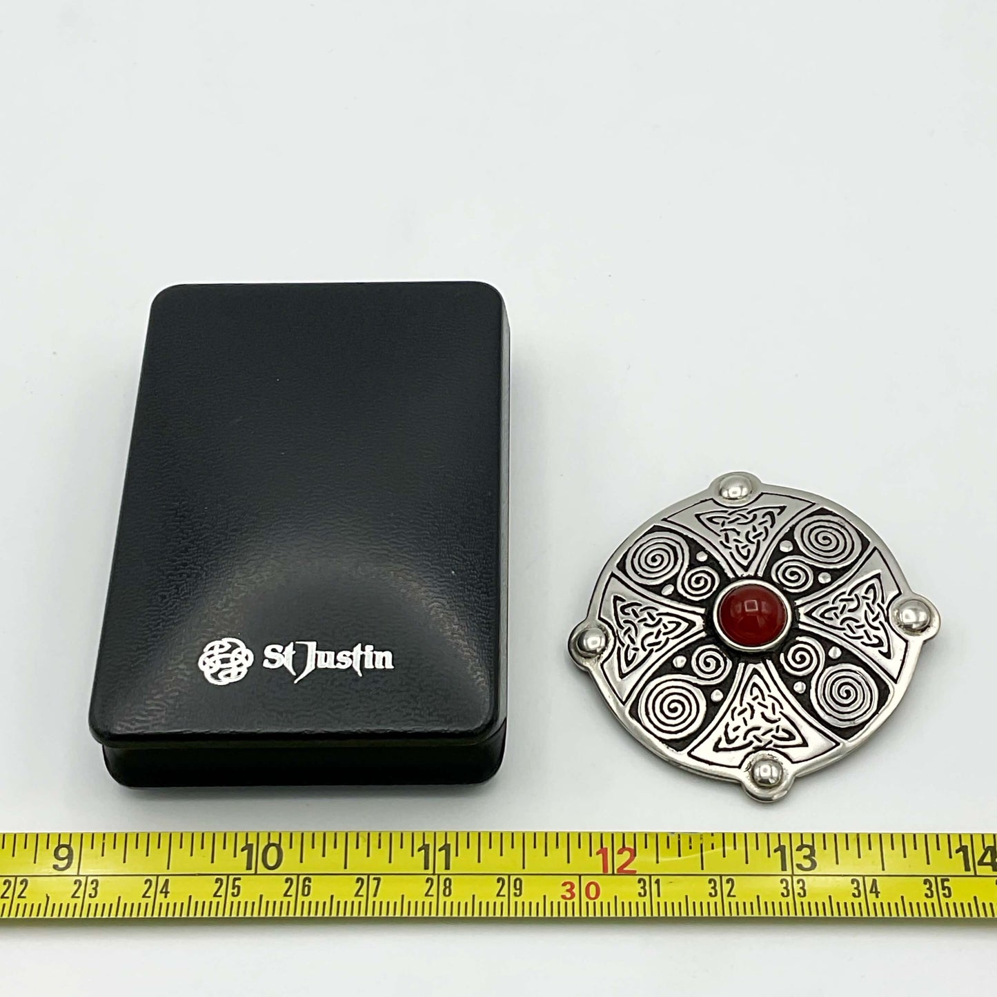 St Justin Carnelian and Pewter Celtic Shield Brooch