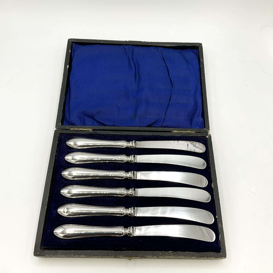 Antique set of silver tea knives in a presentation box with a white background