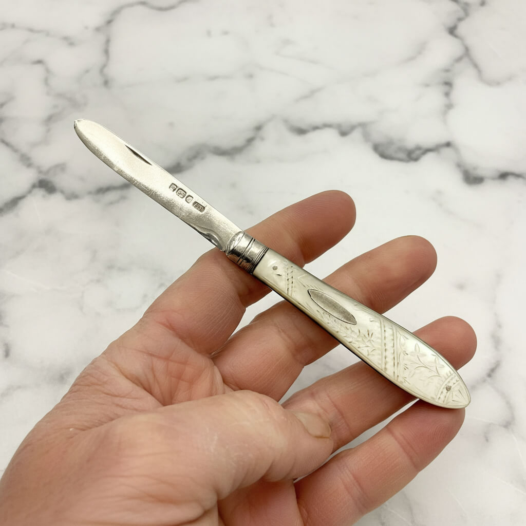 Hand holding a silver fruit knife against a marble background