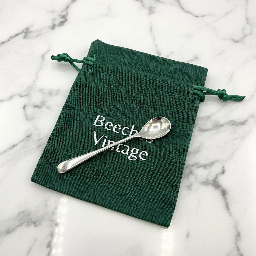 Vintage silver salt spoon on a green gift bag with a marble background