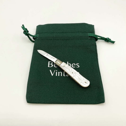 Silver fruit knife on a green gift bag and white background