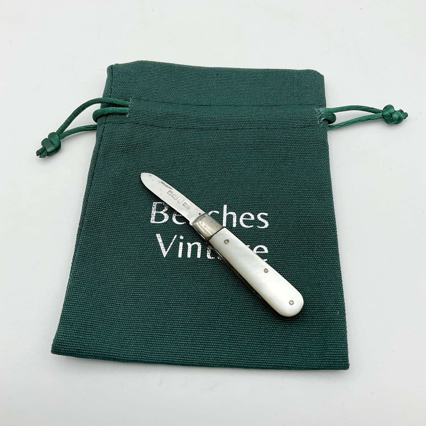 Silver fruit knife with a mother of pearl handle on a green gift bag on a white background