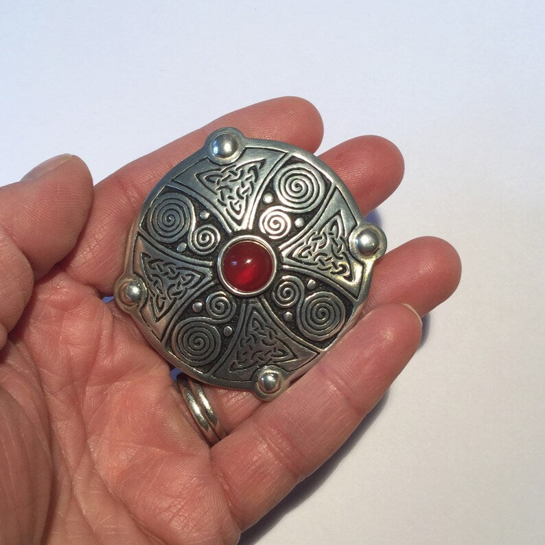 St Justin Carnelian and Pewter Celtic Shield Brooch