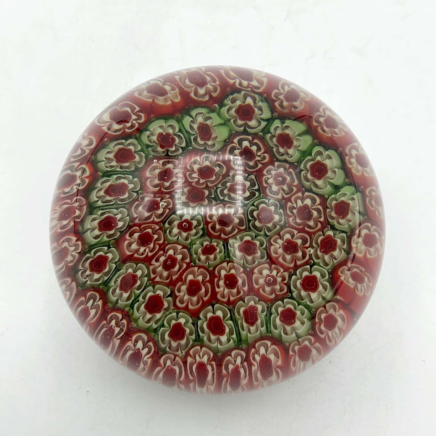 Round Millefiori Red and Green Glass Paperweight
