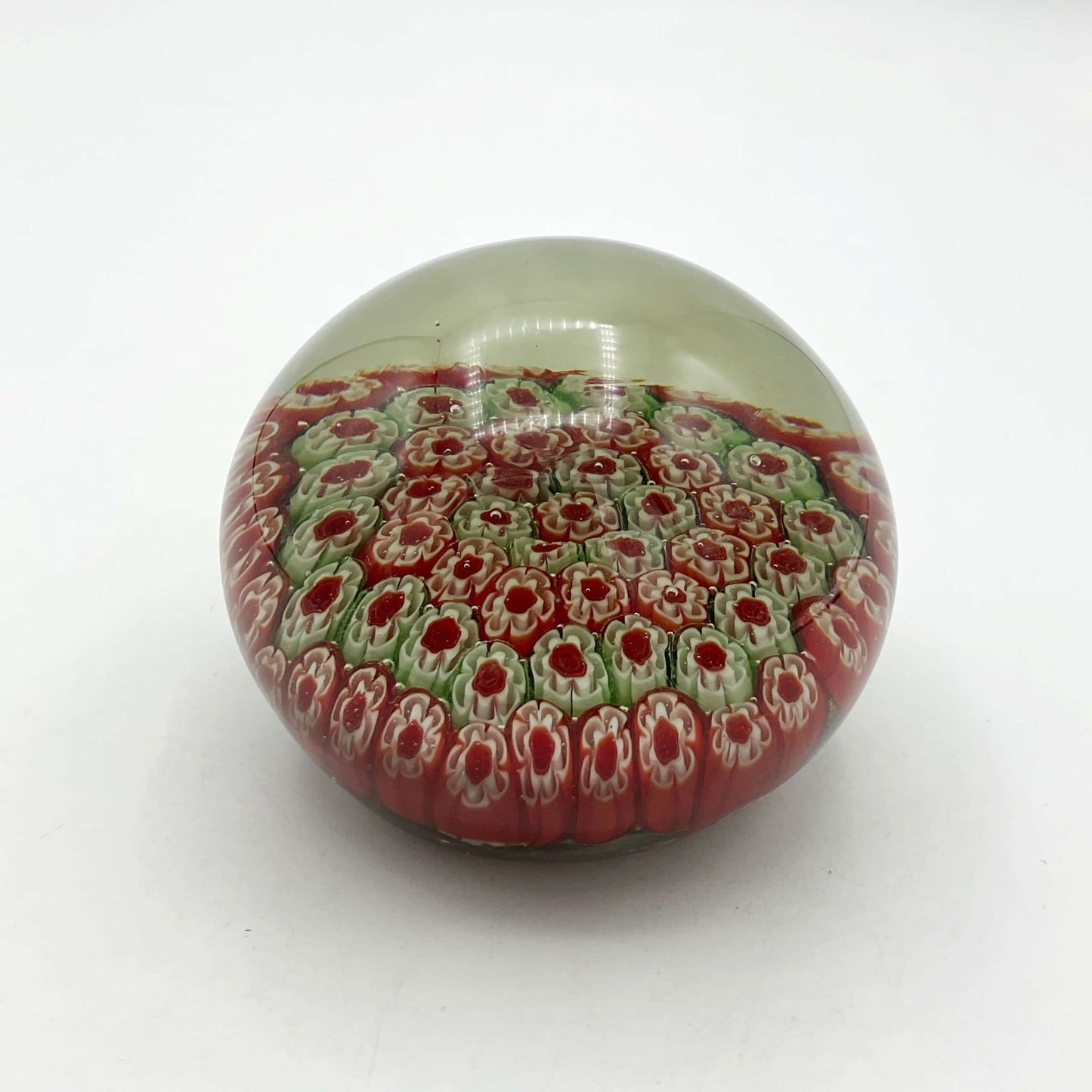 Round Millefiori Red and Green Glass Paperweight