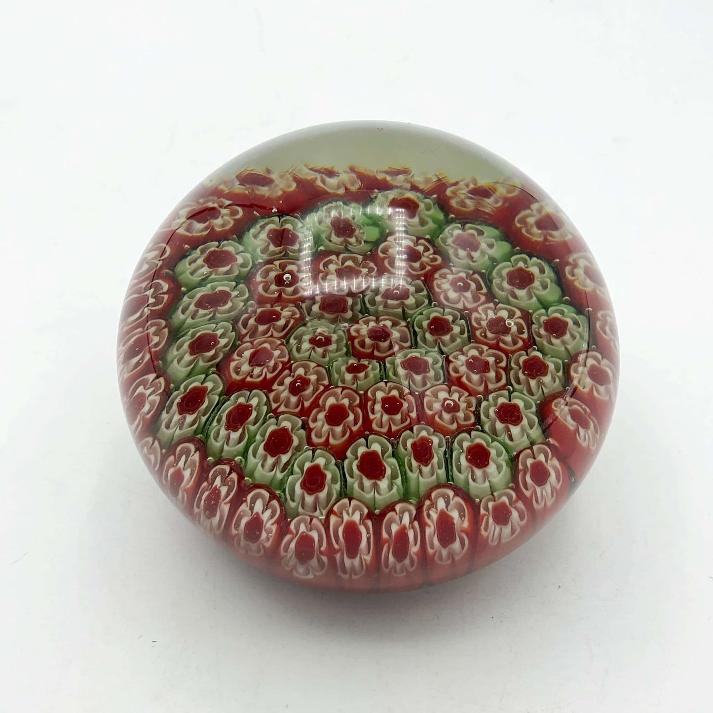 Round Millefiori Red and Green Glass Paperweight