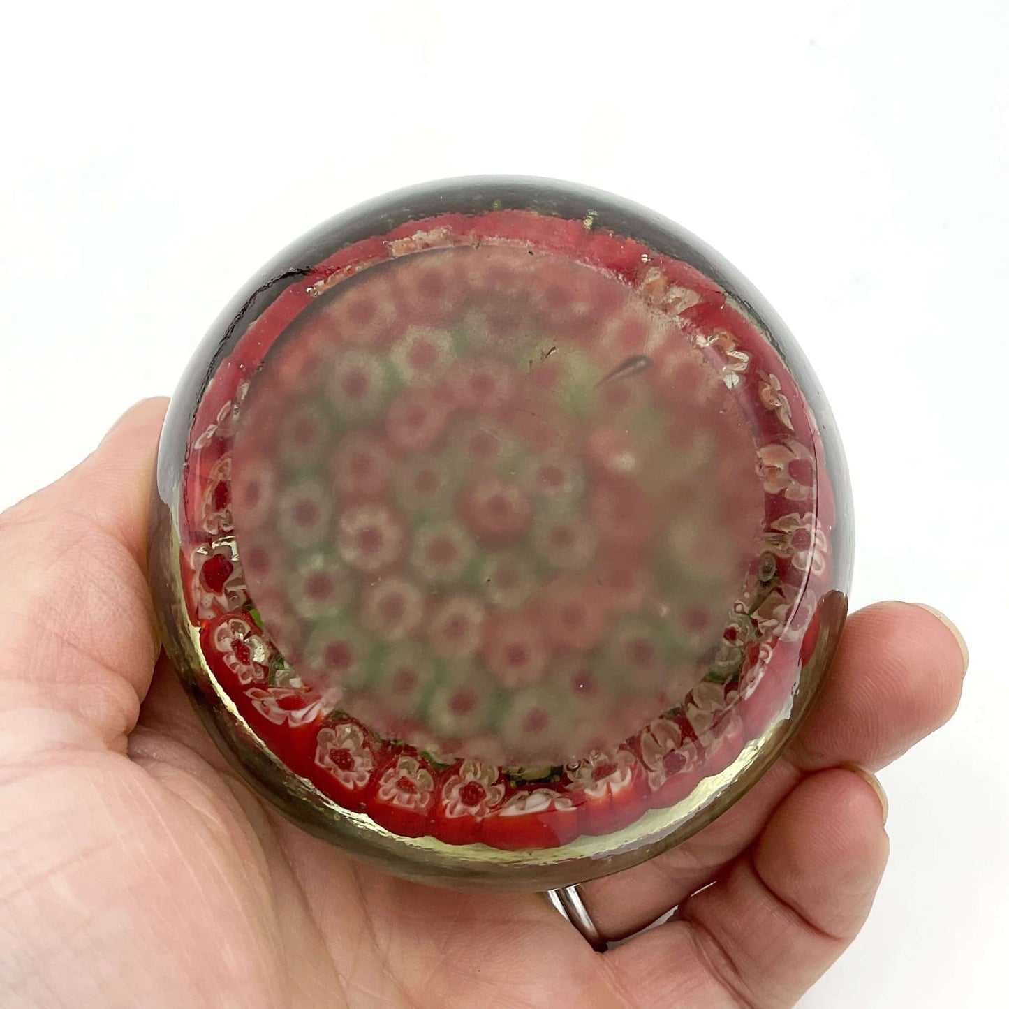 Round Millefiori Red and Green Glass Paperweight