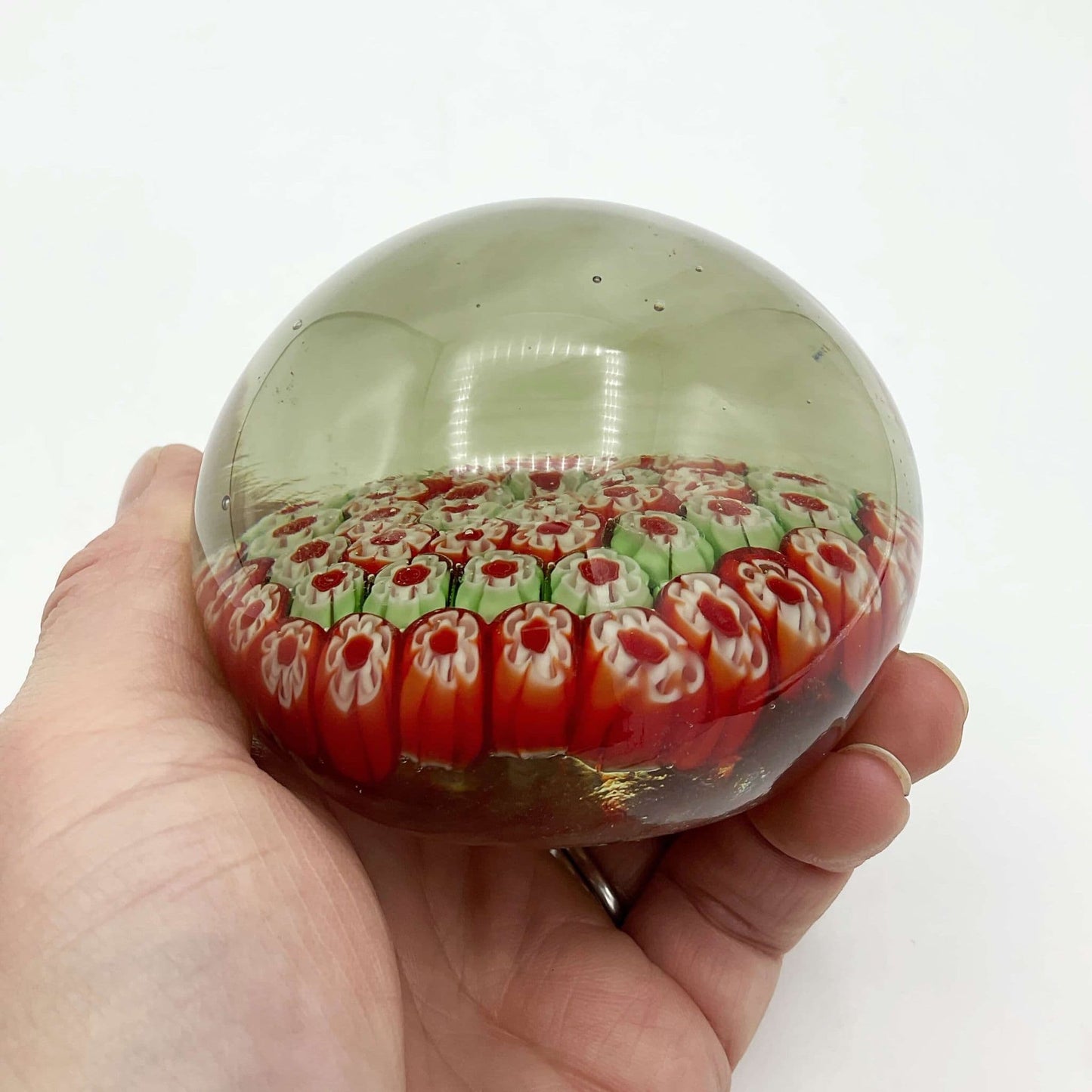 Round Millefiori Red and Green Glass Paperweight
