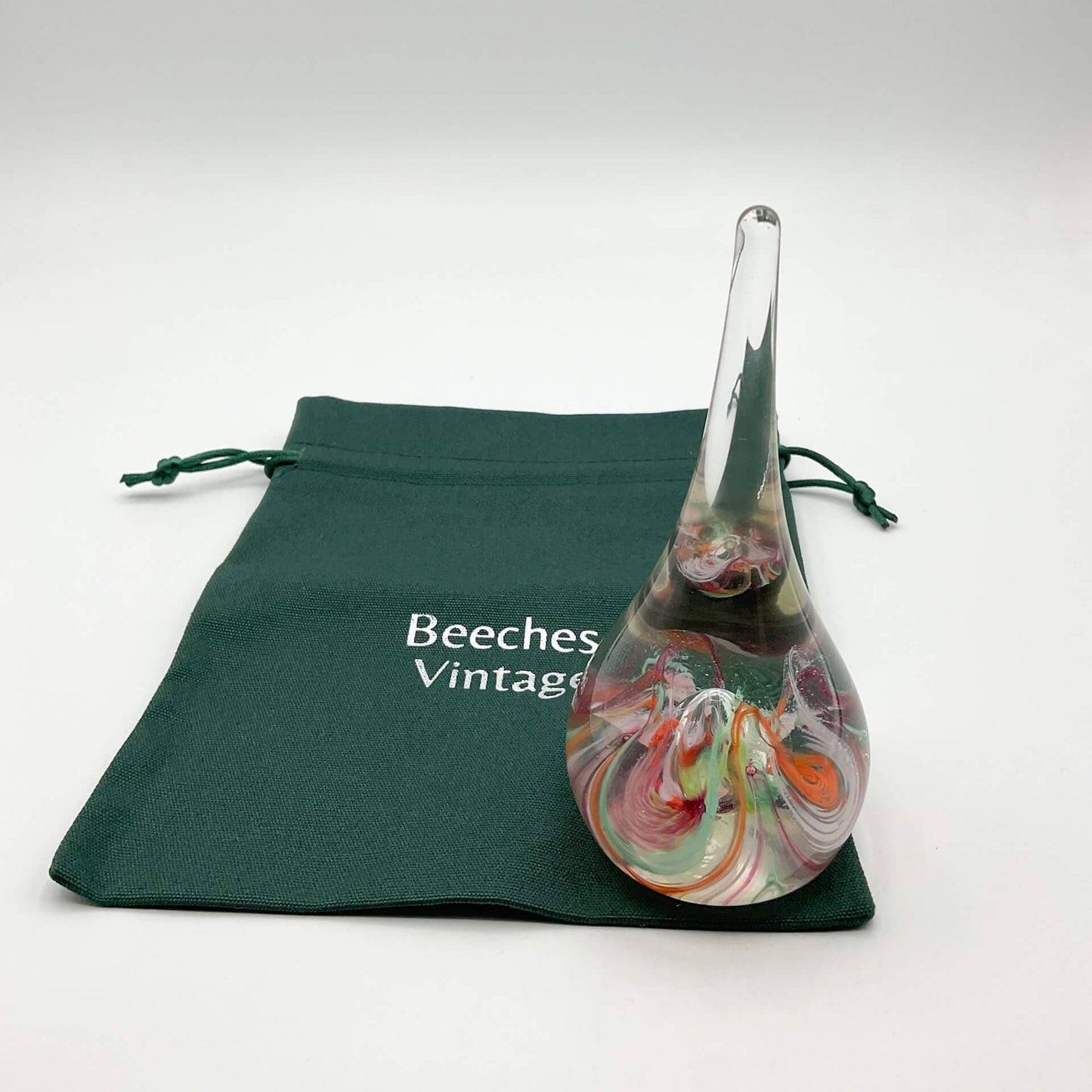 Selkirk glass paperweighrt with multicoloured swirls on green gift bag on a white background.