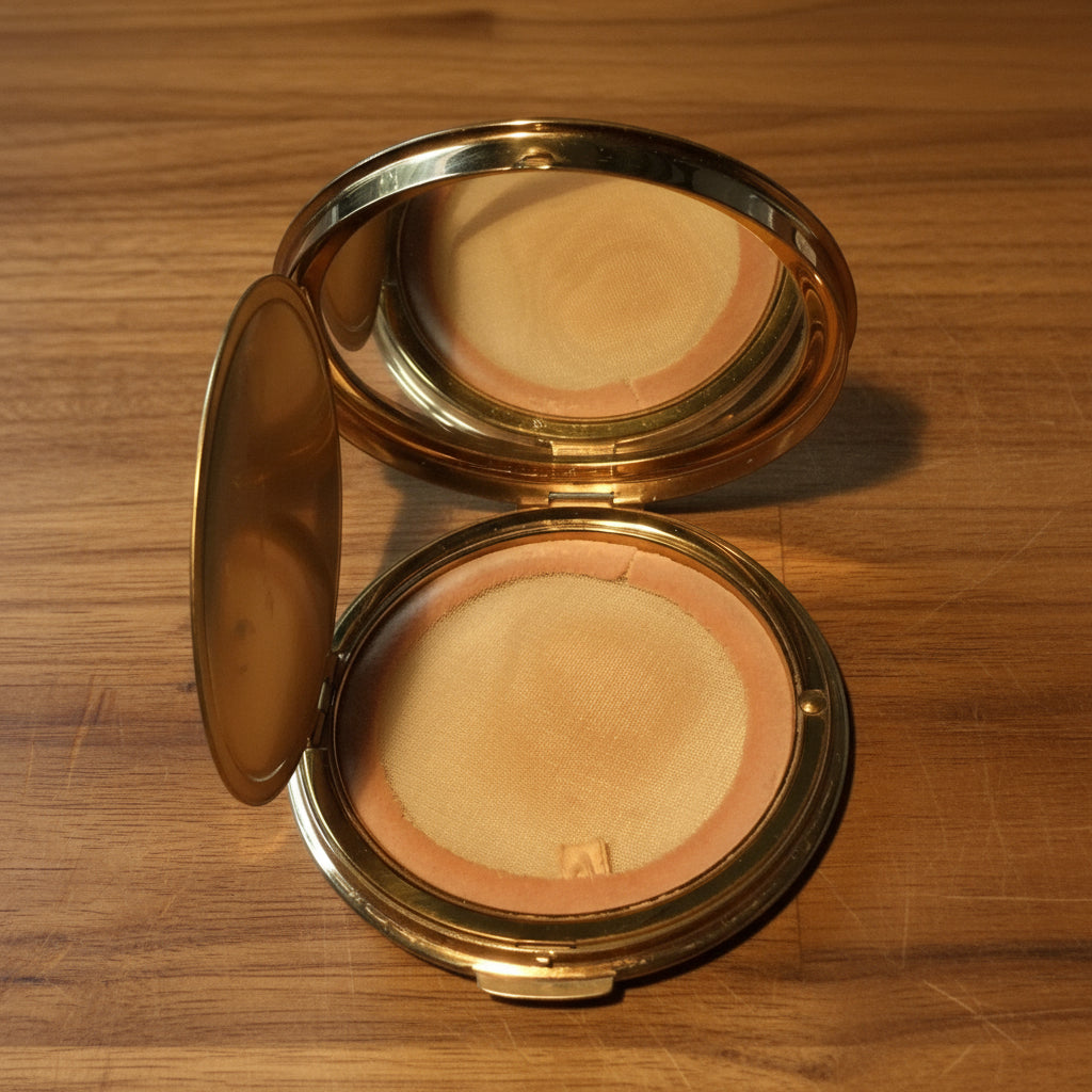 open powder compact with mirror and inner lid showing the powder screen on a wood table