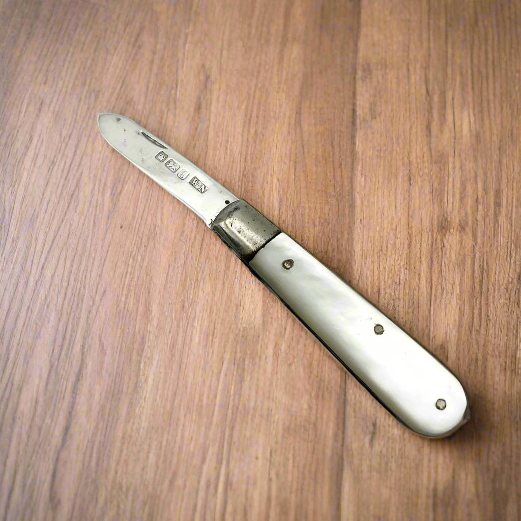 Silver fruit knife with a mother of pearl handle on a wooden table