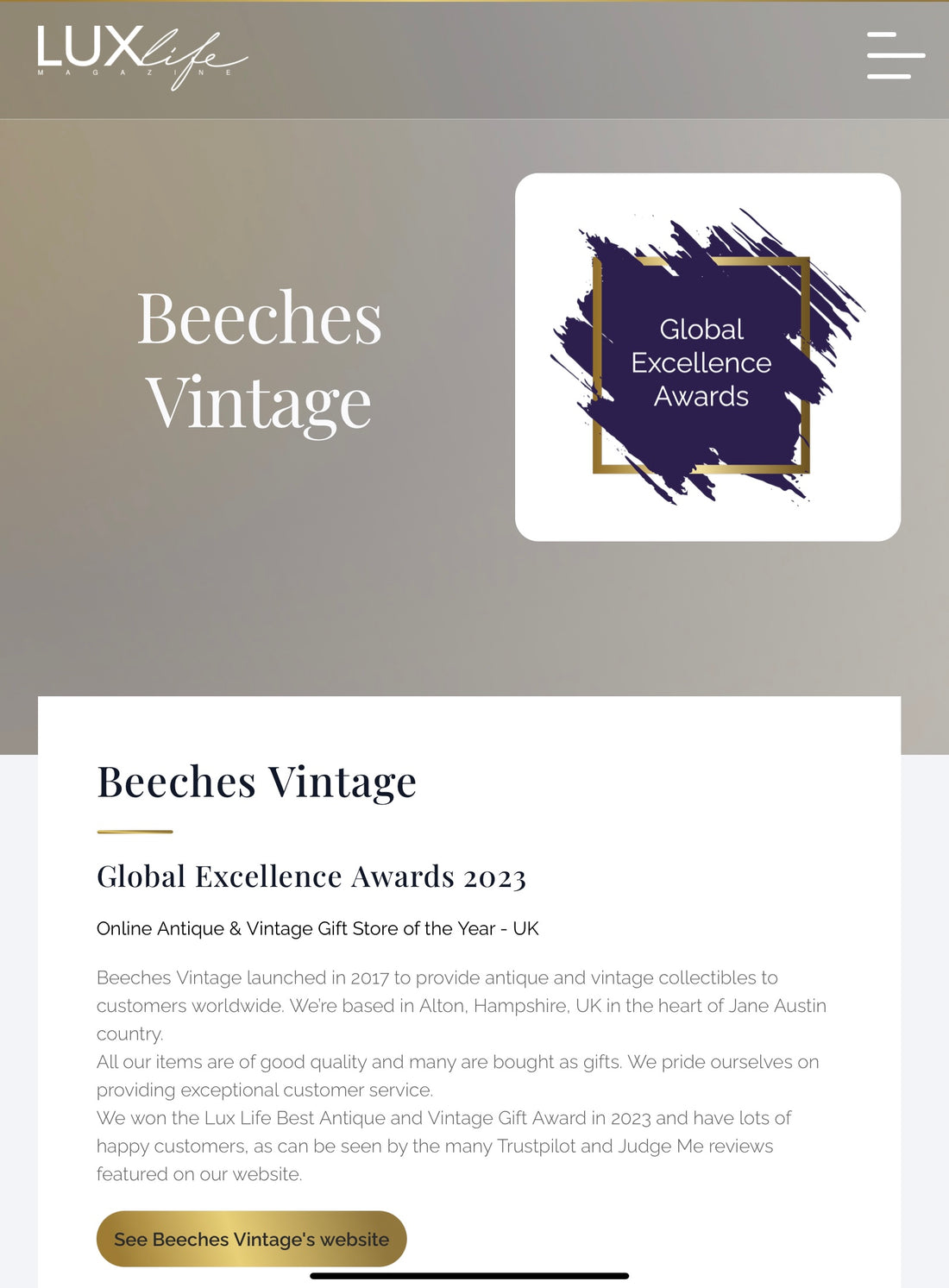 Beeches Vintage is a Global Excellence Award Winner!