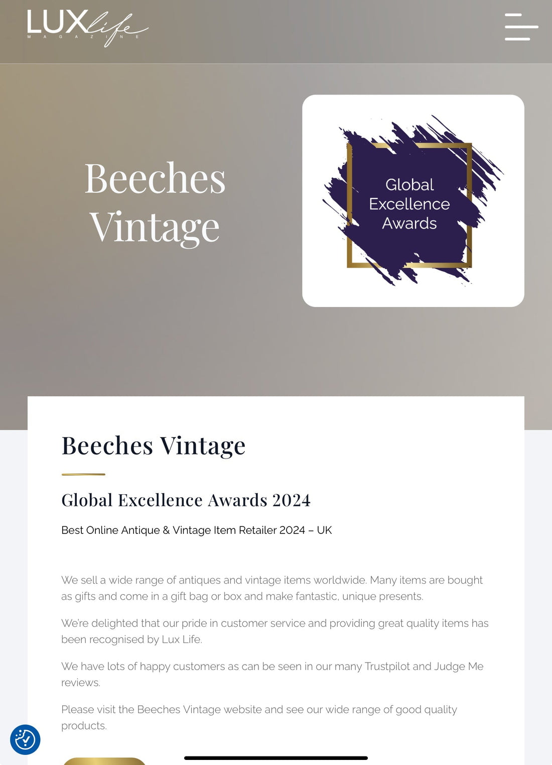 Best Online Antiques and Vintage Retailer, Lux Life Global Excellence Awards 2024