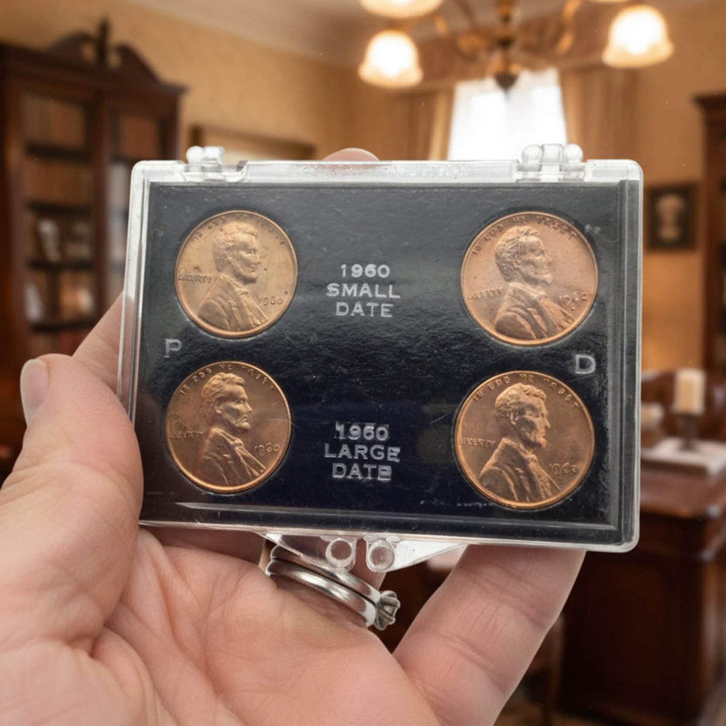 Set of four cents in a display case held by a hand, with a blurred indoor background.