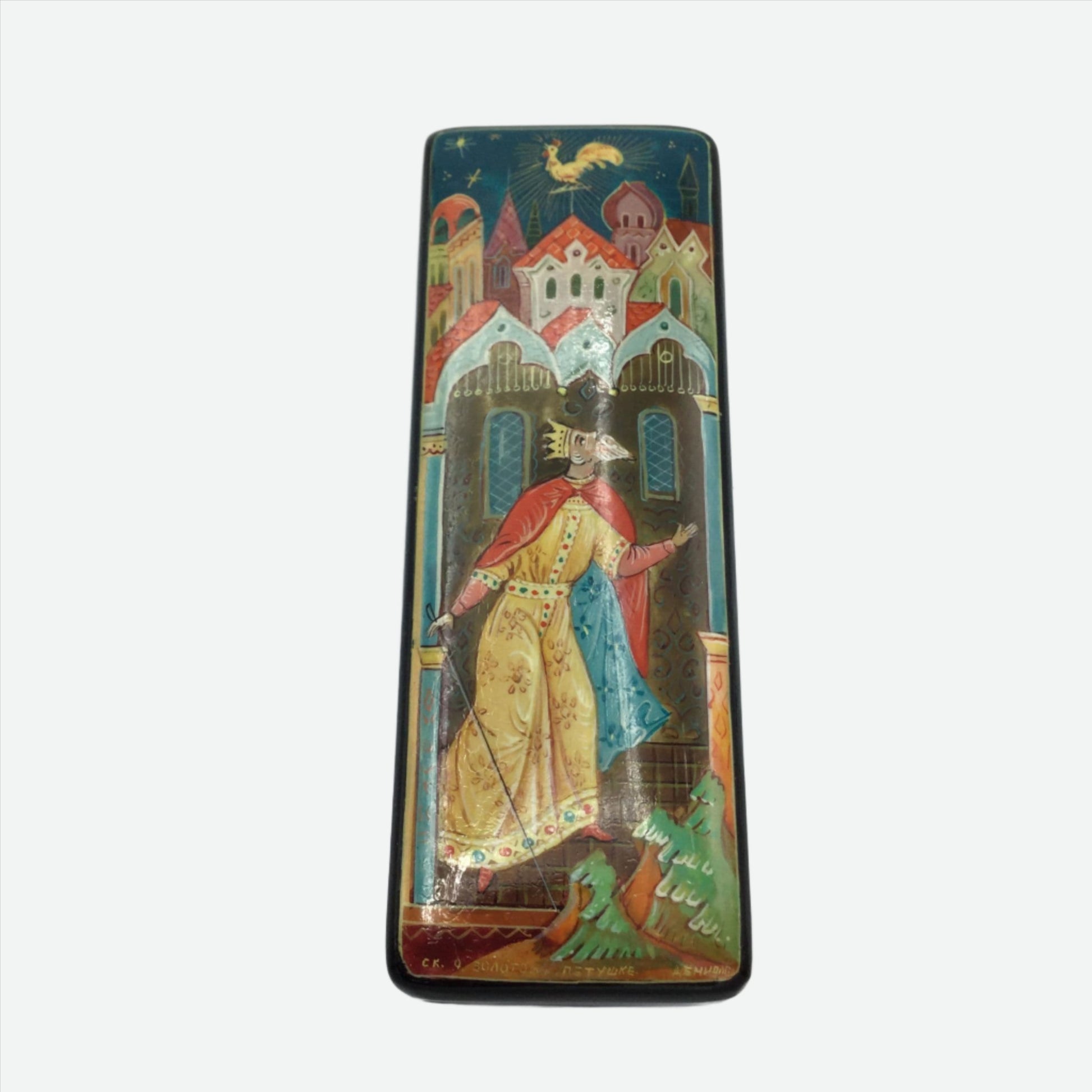 Black handpainted box with a colourful painting of a king looking at a cockerel above him