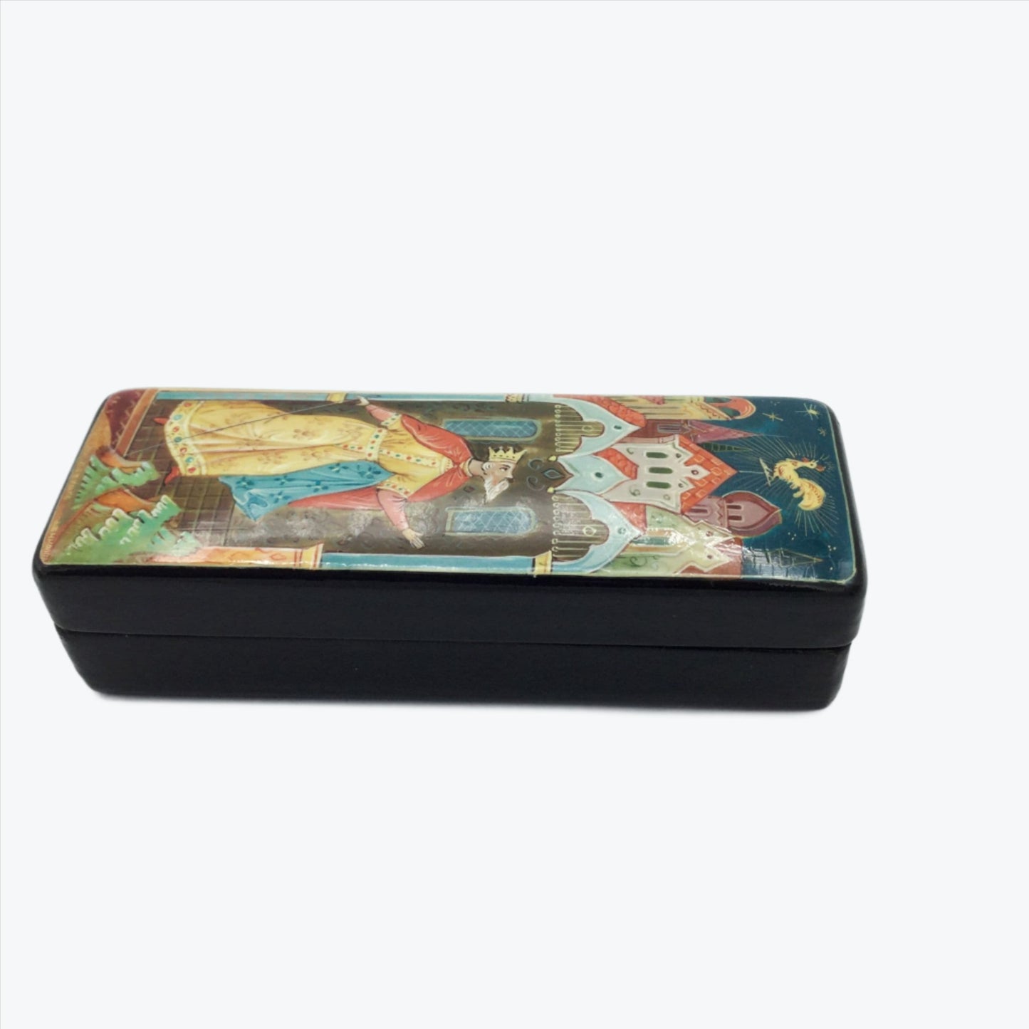 Side view of Black handpainted box with a colourful painting of a king looking at a cockerel above him