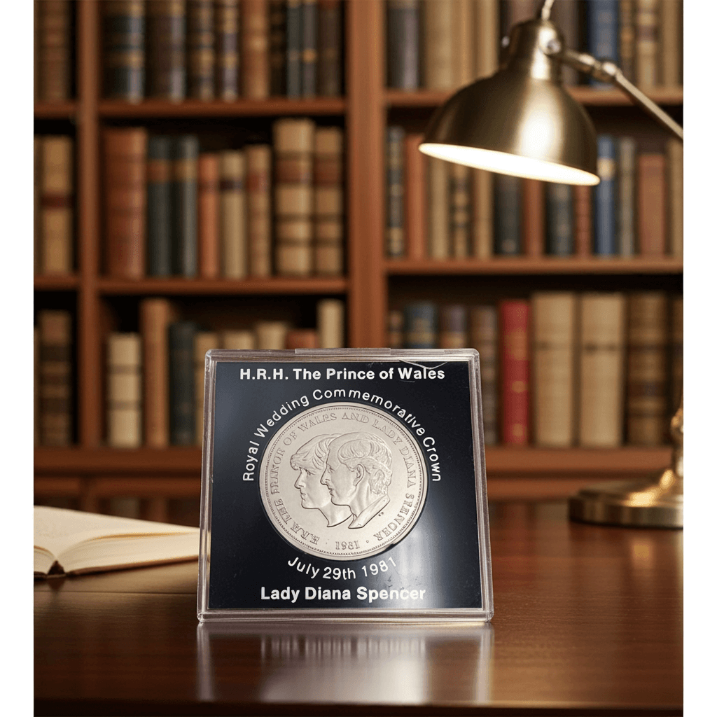 Royal wedding commemorative coin in a display case on a wooden desk with a bookshelf in the background.