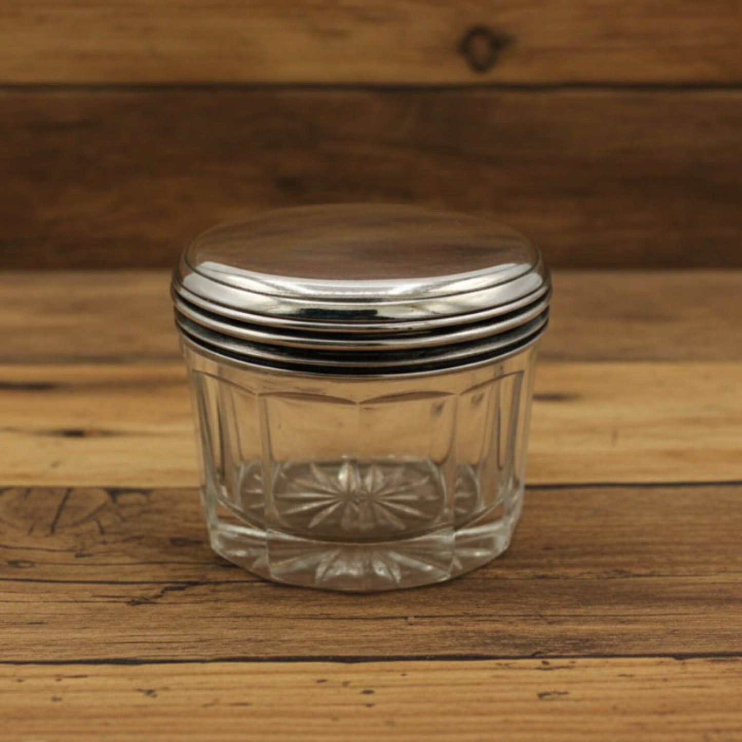 Antique 1800s Silver Lidded Vanity Jar on a wood surface