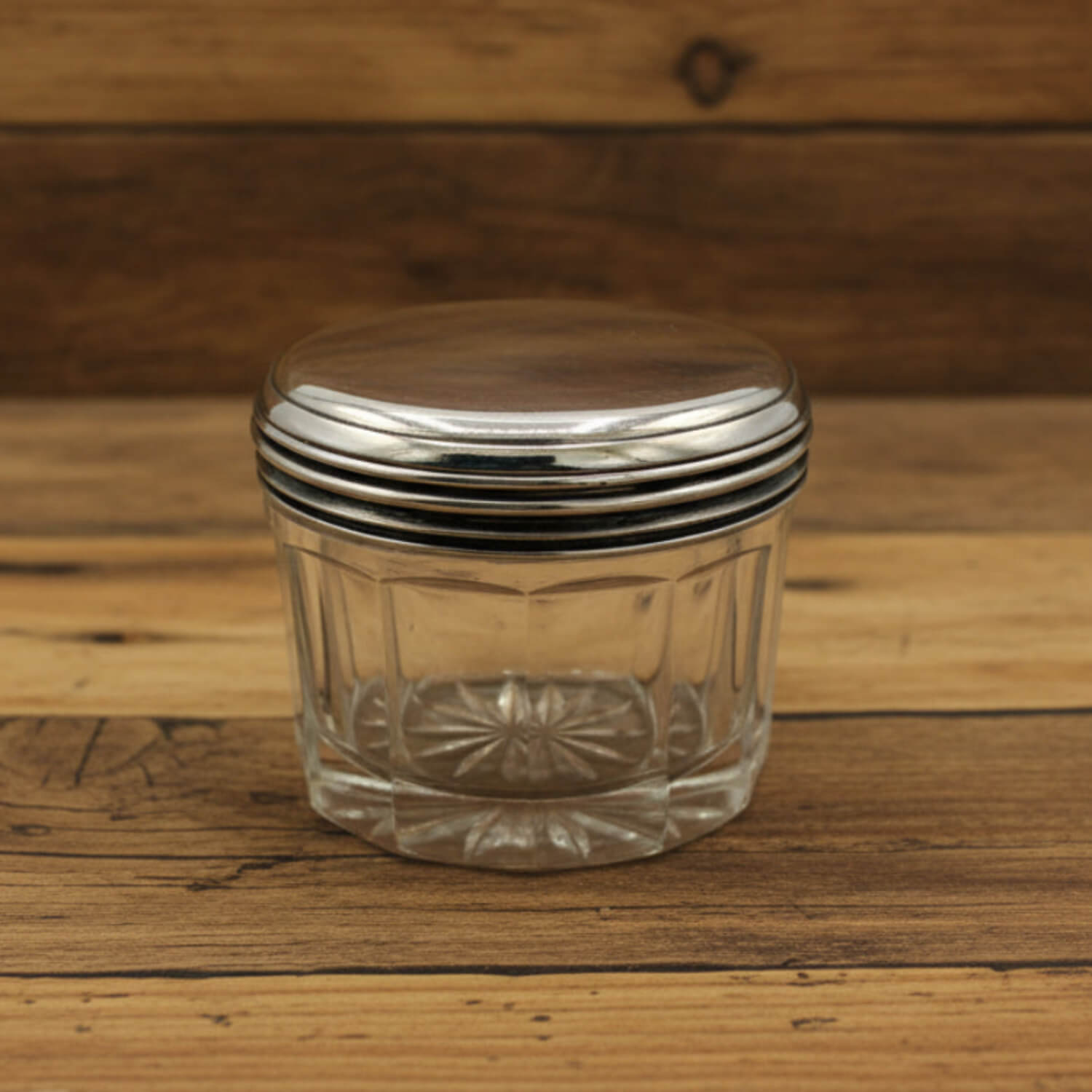 Antique 1800s Silver Lidded Vanity Jar on a wood surface