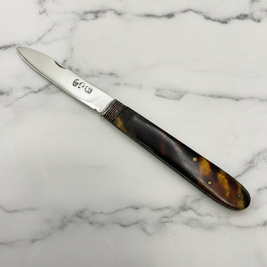 An antique fruit knife with a silver  blade and a faux tortoiseshell handle showing brown, black, and amber tones, photographed on a light gray background.
