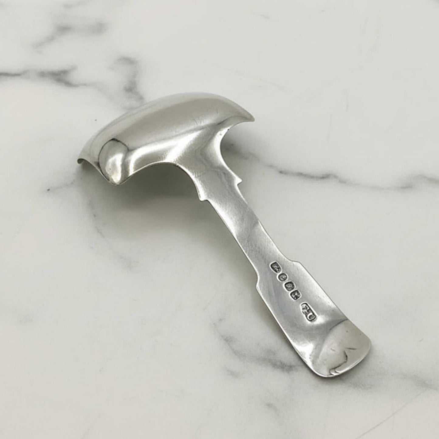 Silver tea caddy scoop on a marble surface