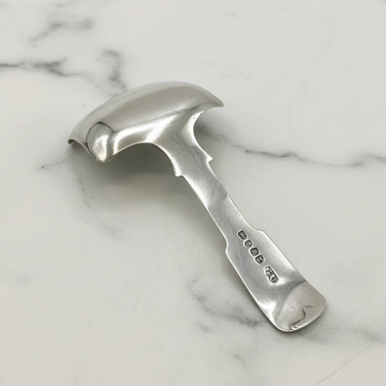 Silver tea caddy scoop on a marble surface