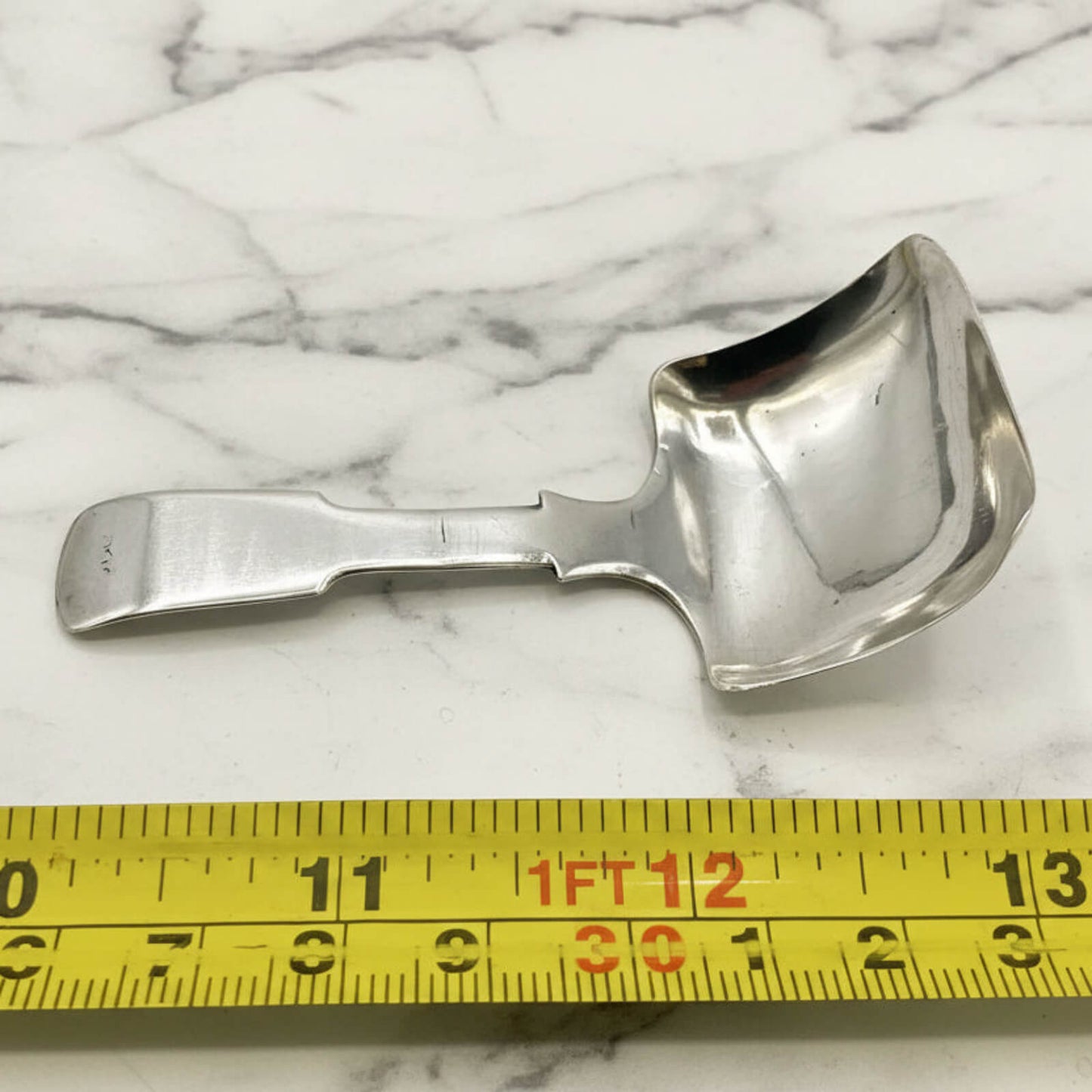 tea caddy scoop on a marble surface with a measuring tape for scale.