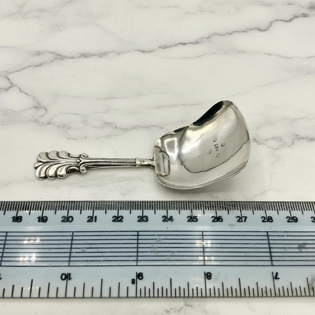 Silver caddy spoon on a marble surface with a ruler for scale