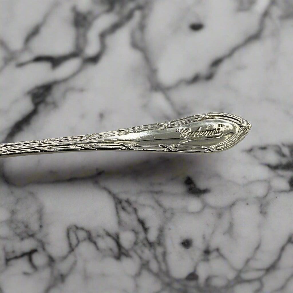 Silver spoon with detailed pattern with a marble background