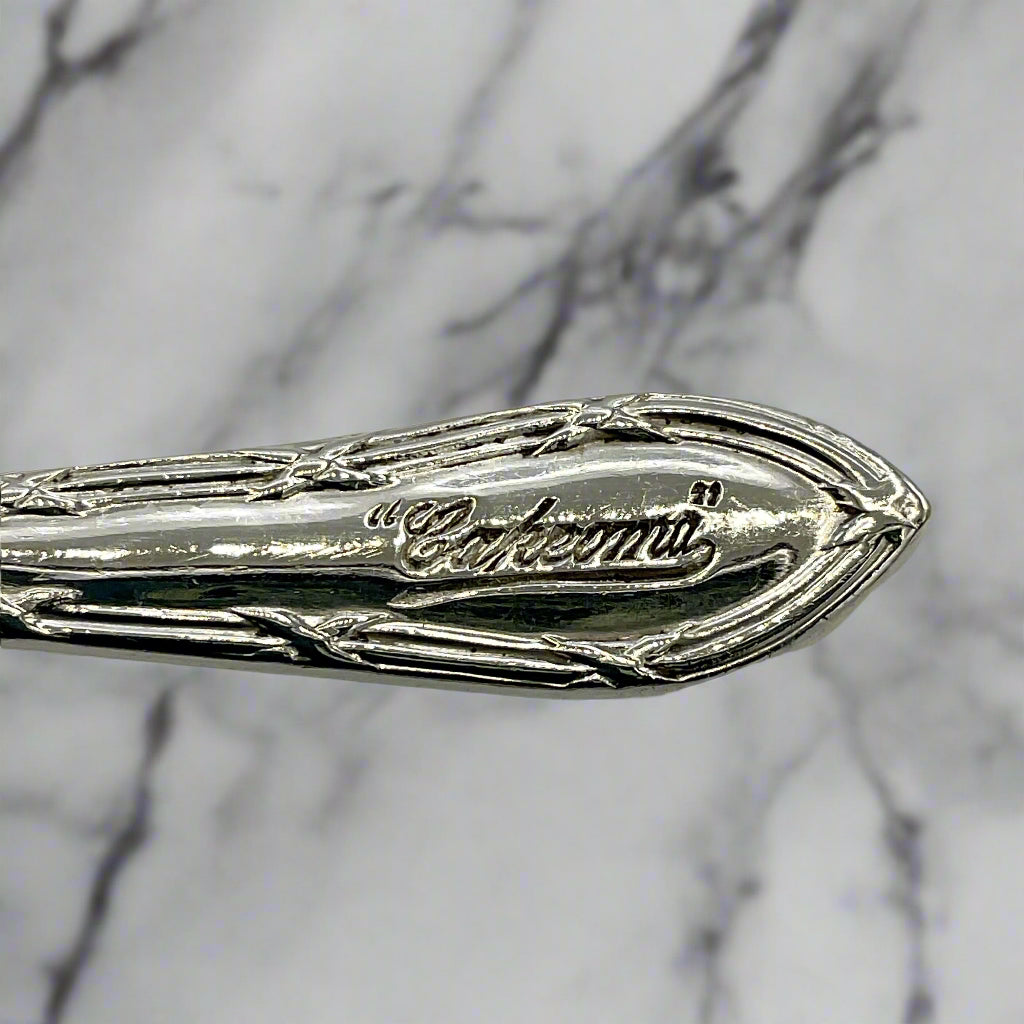 Silver spoon handle with 'Cakeoma’ engraving on a marble background 