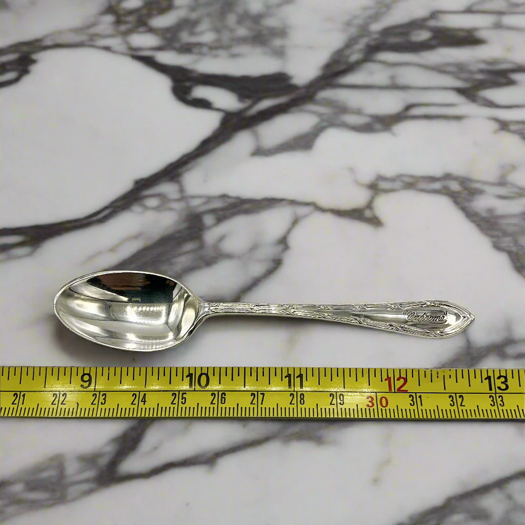 Silver spoon on a marble surface with a measuring tape for scale