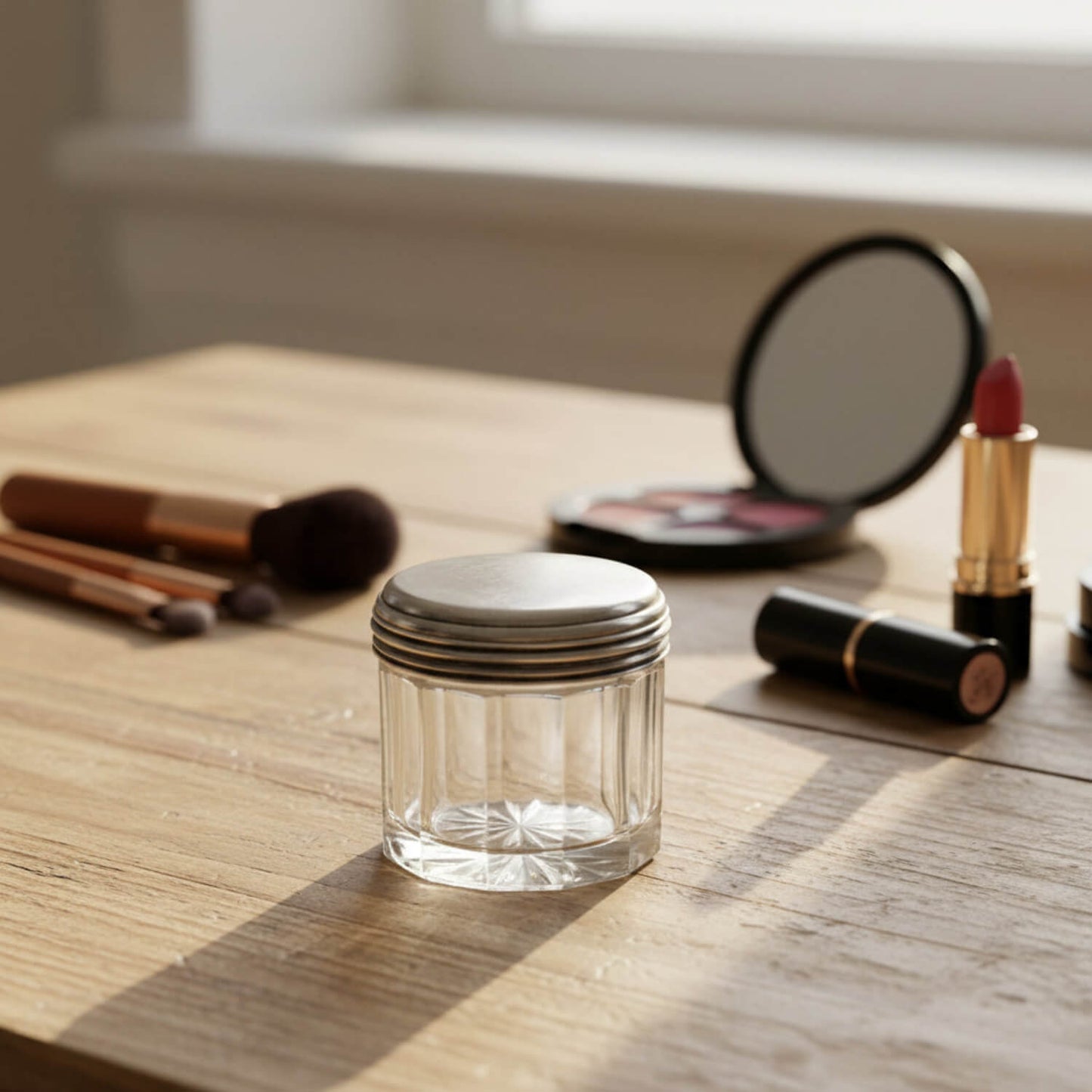 Clear jar on a wooden surface with makeup items in the background