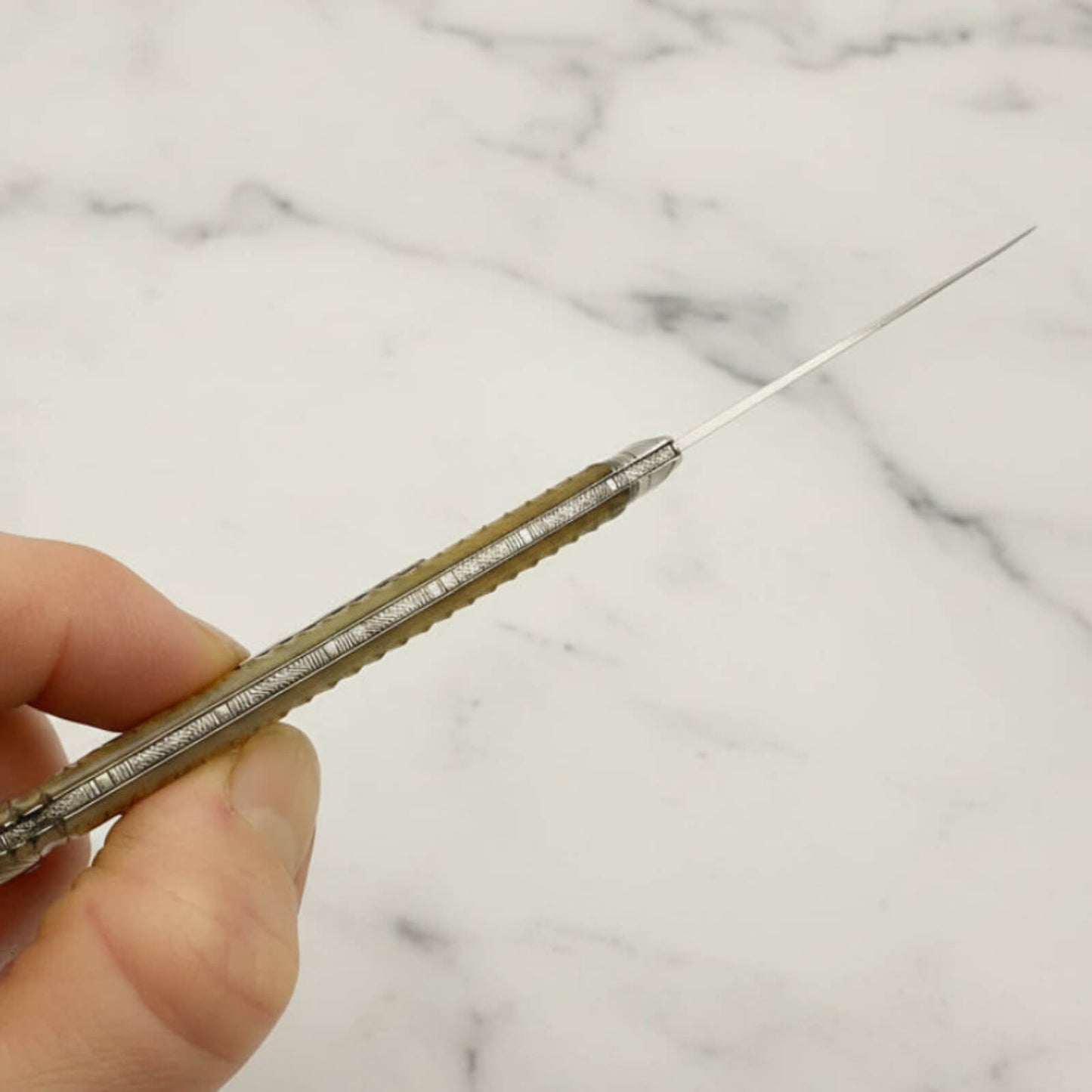 Hand holding a fruit knife showing back against a marble background