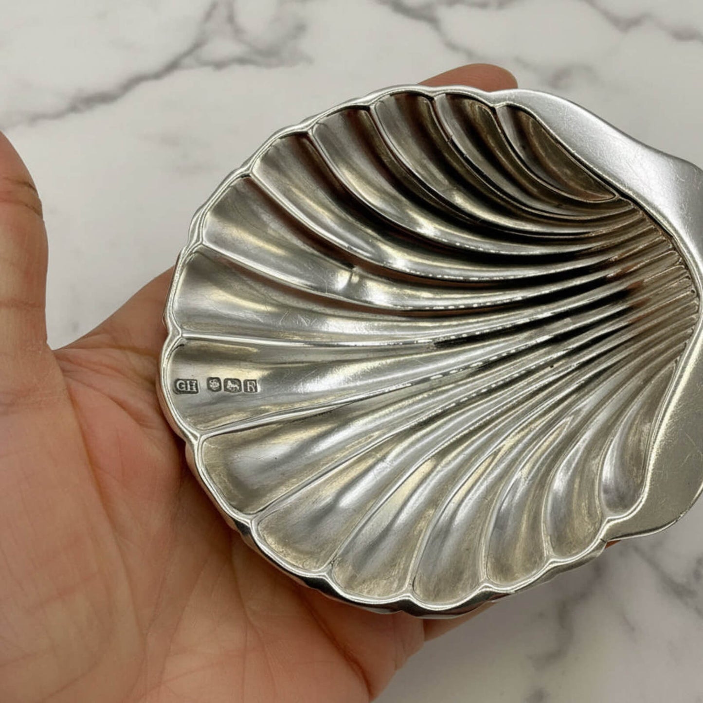 Silver shell-shaped dish held in a hand with a marble background