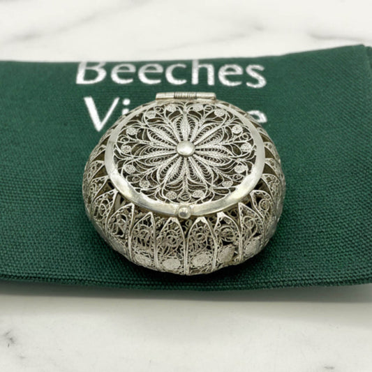 Antique Silver Filigree Box on a green fabric background with 'Beeches' branding.