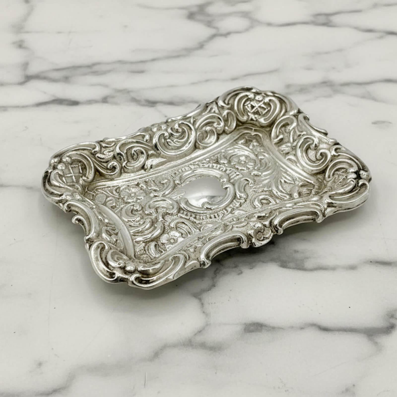 Antique Small Repousse Silver Tray on marble